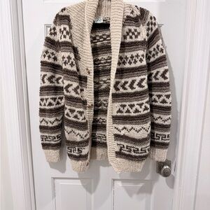 Handmade 100% Wool Fair Isle Retro Cardigan Sweater - Cream and Brown Size M